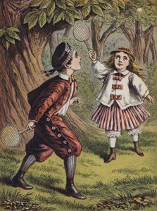 Boy and girl playing with bat and ball by English School