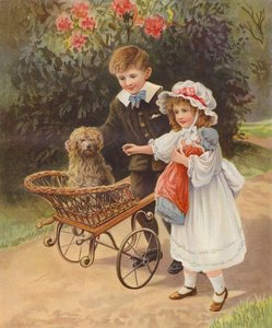 Boy and Girl Pushing Their Pet Dog in a Cart