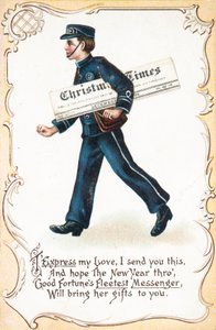 Boy Delivering Christmas Times Newspaper, Christmas Card by English School