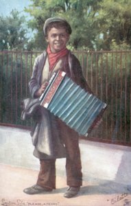 Boy playing an accordion by English School