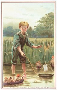 Boy sailing boat and watching Pixies, Christmas Card by English School
