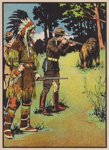 Boy Scout Aiming a Rifle at a Bear by English School