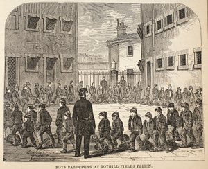 Boys exercising at Tothill Fields Prison, illustration from The Criminal Prisons of London and Scenes from Prison Life by Henry Mayhew and John Binny, pub. 1862 by English School