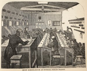 Boys school-room at Tothill Fields Prison, illustration from The Criminal Prisons of London and Scenes from Prison Life by Henry Mayhew and John Binny, pub. 1862 by English School