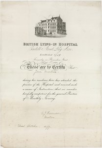 British Lying-In Hospital. Nursing Certificate by English School