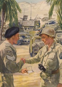 British Army Sergeant Offering His American Counterpart a Cigarette as the Allies Meet Up During the North African Campaign, World War II