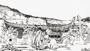 Building the ships for the Norman invasion of England by William the Conqueror by English School