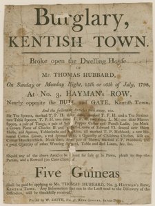 Burglary in Kentish Town in 1798. Reward of £5 by English School