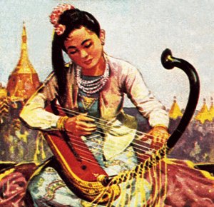Burmese girl playing the harp by English School
