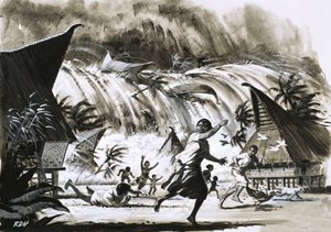 Calamity at Krakatoa. A tidal wave bearing down on a village