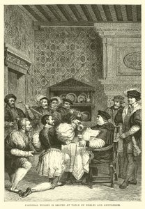 Cardinal Wolsey is served at table by nobles and gentlemen by English School
