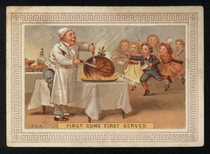 Chef carving up a plum pudding, Christmas greetings card by English School
