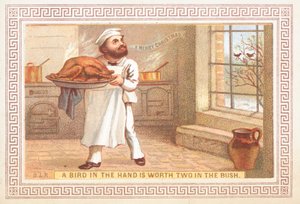 Chef holding turkey platter, Christmas Card by English School
