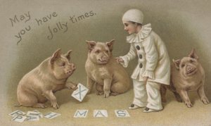 Child in a Pierrot Costume with Three Pigs, Christmas Card by English School