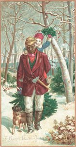 Child on mans shoulders collecting mistletoe by English School
