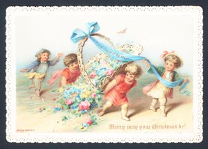 Children and Cherubs Pulling Basket of Flowers