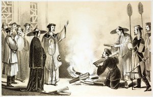 Chinese official presiding over the burning of objects, possibly books