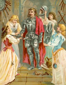 Christian in the Armoury receiving his weapons from Discretion, Piety, Charity and Prudence by English School