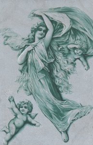 Christmas card with an angel and two cherubs by English School