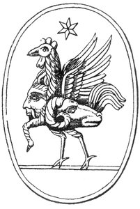 Classical Greek gem in the form of Pan joined to a cock, a ram and the sun by English School