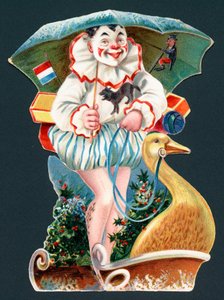 Clown Holding Umbrella on Goose Sledge, Christmas Card by English School