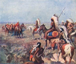 Colonel Macleod, of the Royal North-West Mounted Police, treating with Indians at Fort Macleod