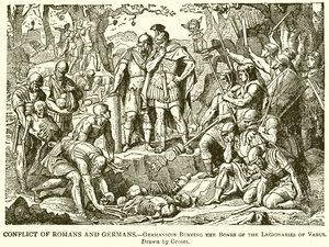 Conflict of Romans and Germans: Germanicus Burying the Bones of the Legionaries of Varus by English School