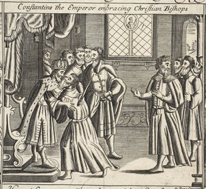 Constantine the Emperor embracing Christian Bishops, illustration from Acts and Monuments by John Foxe, ninth edition, published 1684