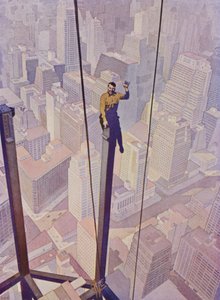 Construction worker on the steel frame of a skyscraper high above the streets of New York City, New York, USA by English School