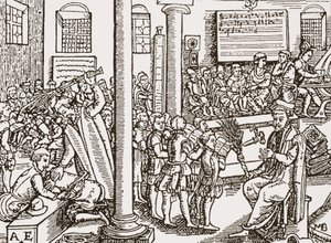 Contemporary woodcut of a Tudor grammar school by English School