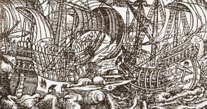 Contemporary woodcut of warship at sea by English School