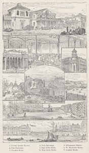 Convent Garden Market, Corn Exchange, Billingsgate Market, Coal Exchange, East India Docks, St Katherine Docks, Victoria Docks, West India Docks, London Docks by English School