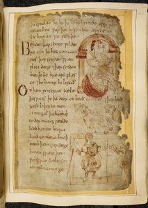 A man sitting on a cushion under an arch; two catini, open-mouthed beasts like dogs; a robed man with a staff, extending his hand to another man, illustration from Beowulf, from the 