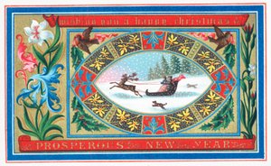 Couple sledging surrounded by flowers, Christmas Card by English School