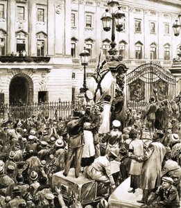 Crowds outside Buckingham Palace cheer King George V on Armistice Day by English School