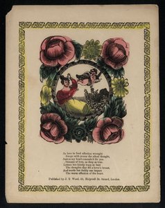 Cupid and woman in a garden surrounded by flowers, love poem