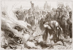 Destruction of the works of Wicliffe at Prague, illustration from The History of Protestantism by James Aitken Wylie, 1878
