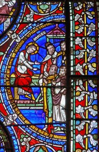 Detail from one of the Bible Windows depicting Daniel and the Elders by English School