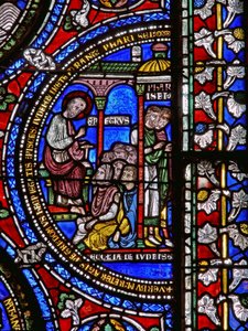 Detail from one of the Bible Windows depicting St. Peter preaching by English School