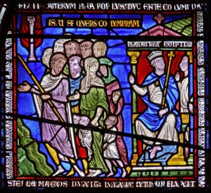 Detail from one of the Bible Windows depicting the pharaoh watching the Israelites
