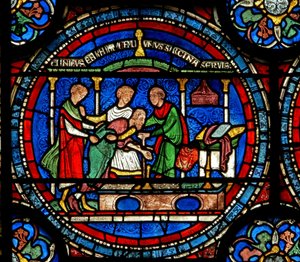 Detail from the Miracle Window depicting Robert of Cricklade at the tomb