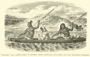 Diggers in a canoe made of several trees partially hollowed out and fastened together by English School