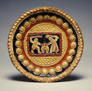 Dish with a man and a woman quarreling over a pair of breeches