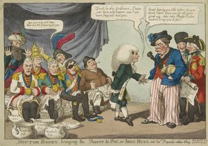 Doctor Boney bringing the Powers to Pot, or John Bull and his friends rather shy, pub. 1808