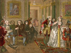 Dr Johnson in the ante-room of Lord Chesterfield by English School