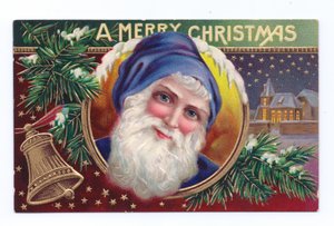 Edwardian Christmas Postcard of Father Christmas with Mistletoe and a Bell, c.1910