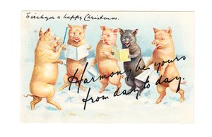 Edwardian Christmas Postcard of Five Pigs Having a Musical Session, c.1910