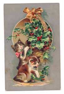 Edwardian Postcard of Two Cats Playing with Some Holly, c.1910
