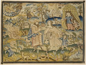 Embroidered picture: Abrahams dismissal of Hagar, mid-17th century by English School