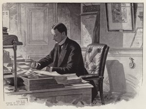 English politician George Curzon at work in his office at the India Office by English School